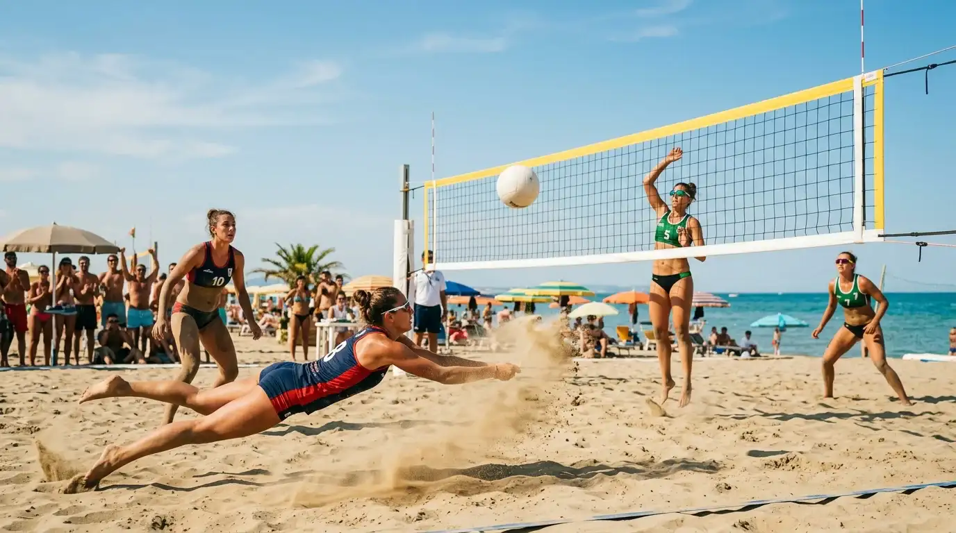 Partita di beach volley su campo di sabbia durante un torneo professionistico